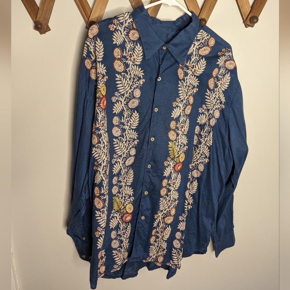 Tommy Bahama Shirt Mens XXL 100% Linen Embroidered Floral Flower Blue Shirt